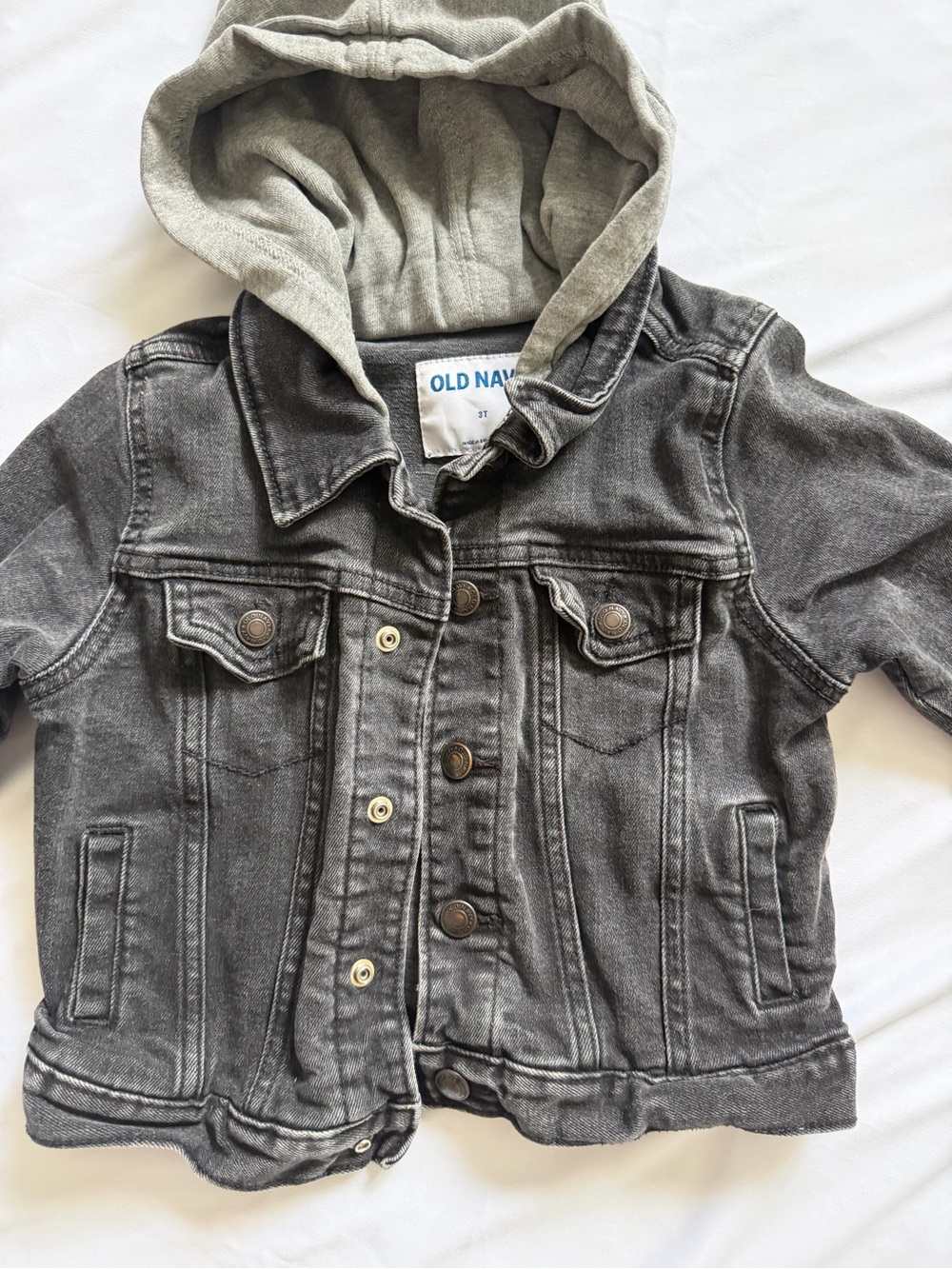 Old Navy Toddler Boys 3T Black Denim Hooded Trucker Jacket Stretch - Picture 2 of 7